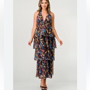 MEET ME IN SANTORINI FLORAL HALTER TIERED RUFFLE FOREST FAIRY MAXI DRESS SIZE XS